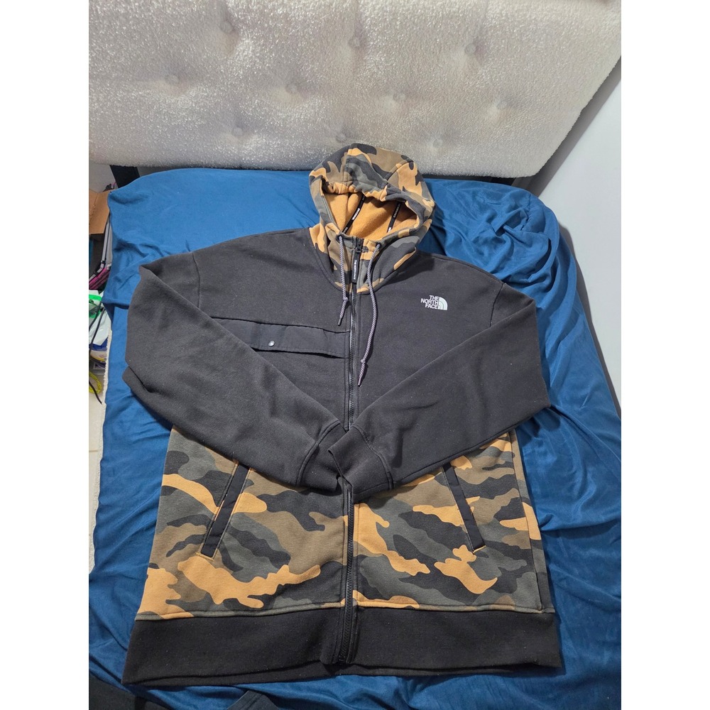 The North Face Mens Full Zip Camo Colorblock Fleece Hoodie Black Brown Large